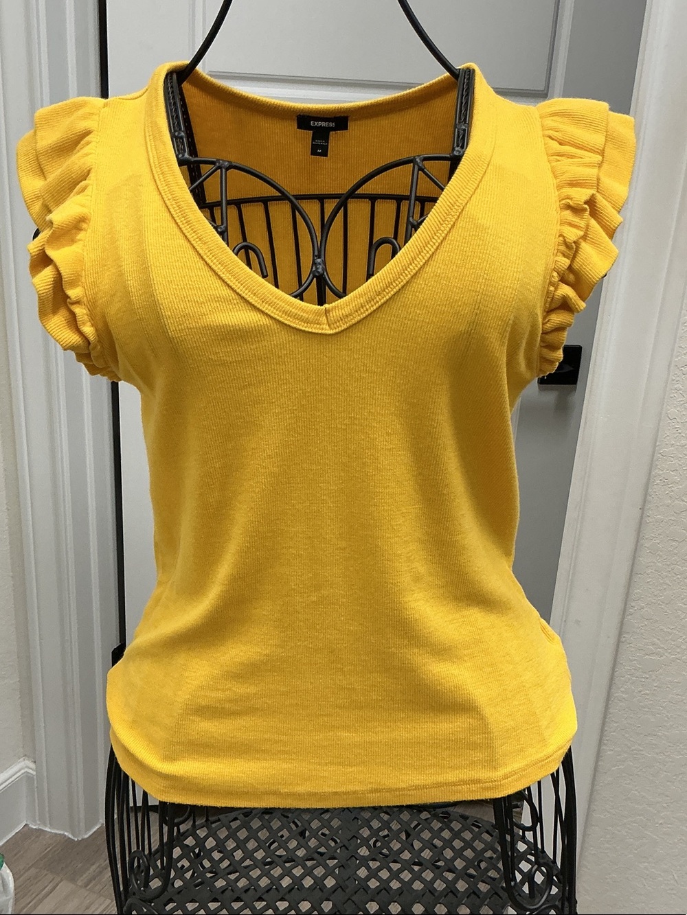 Express Mustard Yellow V-Neck Ribbed Sleeve Tank Top
